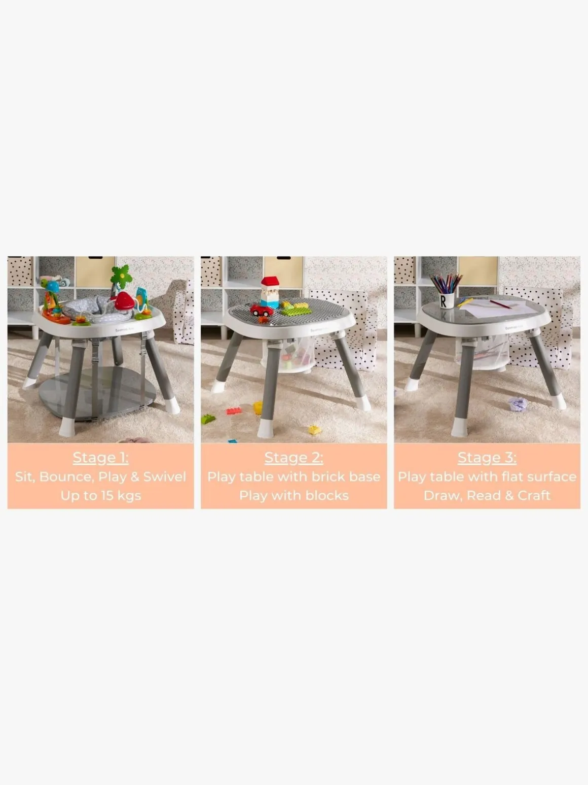 Beemoo PLAY Explore 3-in-1 Aktivitetscenter, Stone Grey